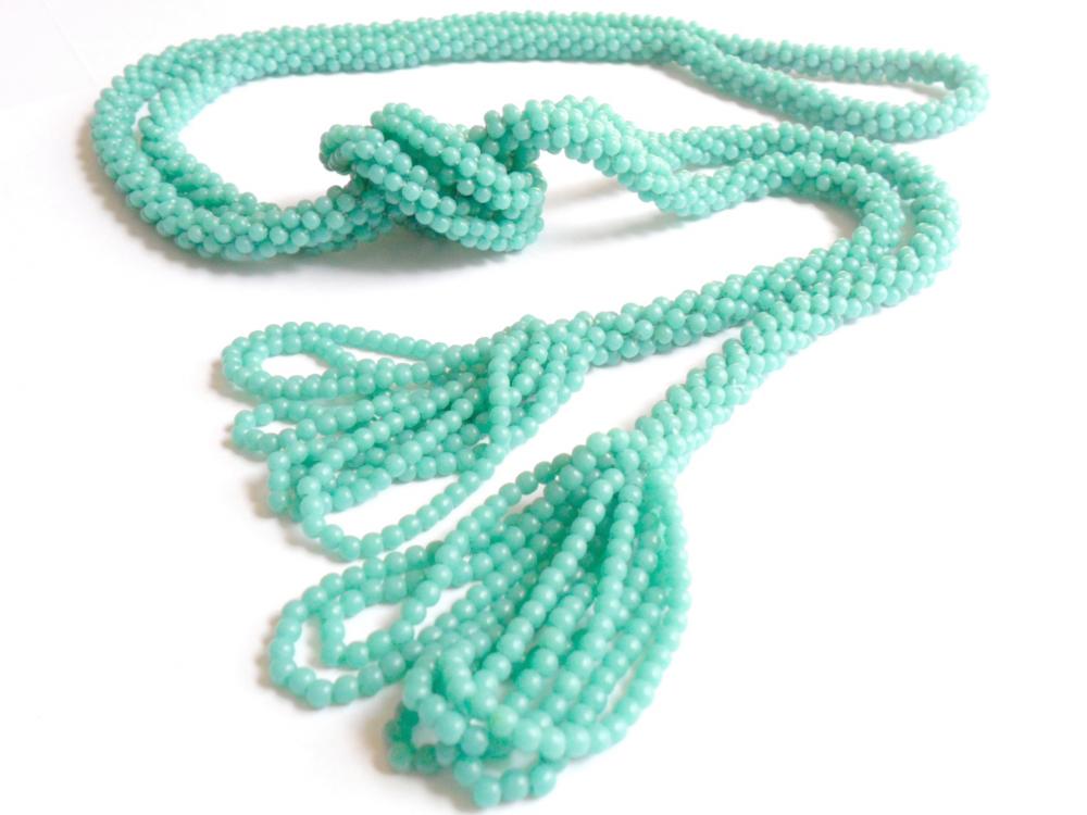 Vintage Rope Beaded Tassel Necklace Teal Blue on Luulla
